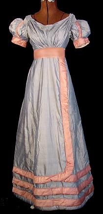 1820's RARE Sky Blue Silk Ballgown with Coral Silk Rouleau Trim